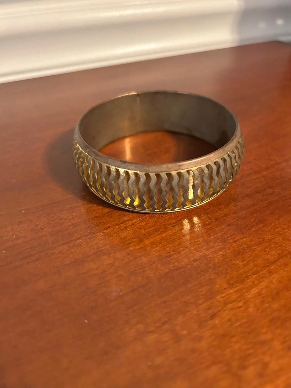 Vintage Gold Tone Brass Bangle Bracelet Wide 3 Inch Cut Out Zig Zag Stacking
